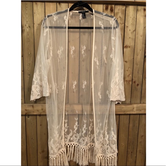 Sweaters - Sheer Lace Embroidered Kimono